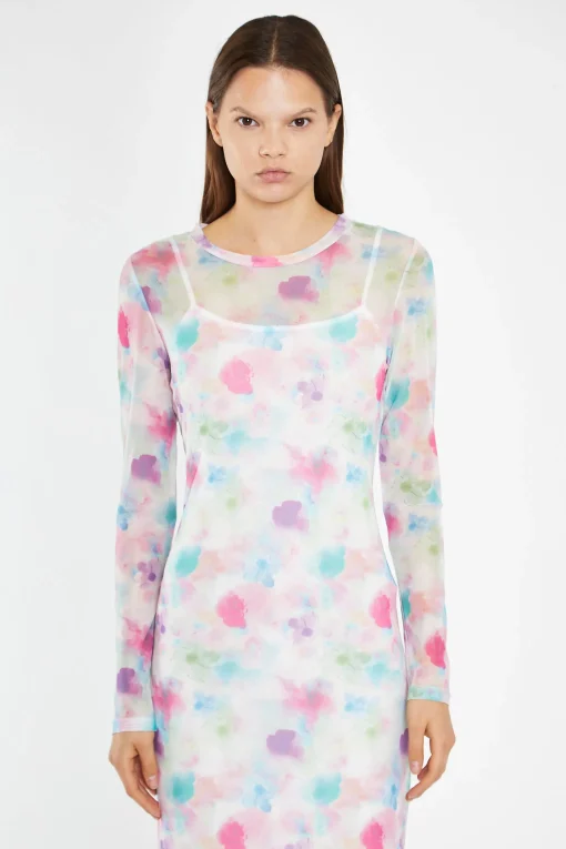 Glamorous Day Dresses|Midi & Midaxi Dresses|Watercolour-Floral Mesh Long Sleeve Midi-Dress -