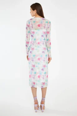 Glamorous Day Dresses|Midi & Midaxi Dresses|Watercolour-Floral Mesh Long Sleeve Midi-Dress -