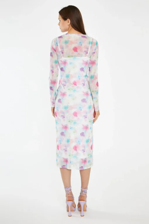 Glamorous Day Dresses|Midi & Midaxi Dresses|Watercolour-Floral Mesh Long Sleeve Midi-Dress -