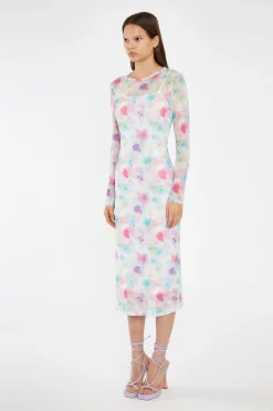 Glamorous Day Dresses|Midi & Midaxi Dresses|Watercolour-Floral Mesh Long Sleeve Midi-Dress -
