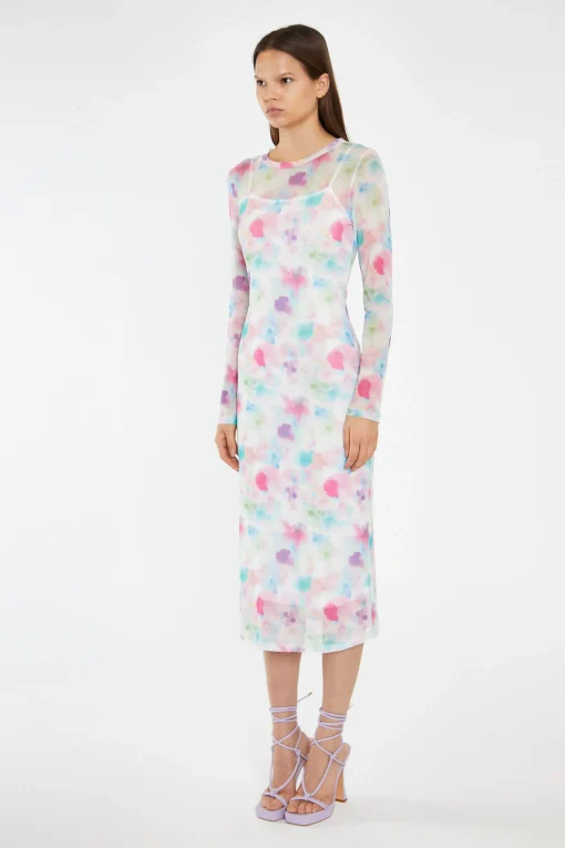 Glamorous Day Dresses|Midi & Midaxi Dresses|Watercolour-Floral Mesh Long Sleeve Midi-Dress -