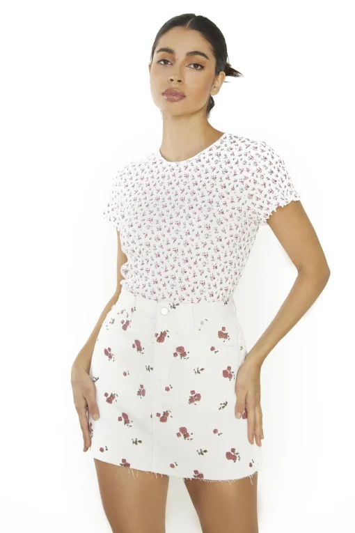 Glamorous Crops, Corsets & Bodysuits|White Ditsy Pointelle Floral Lettuce-Hem Short-Sleeve-Top -