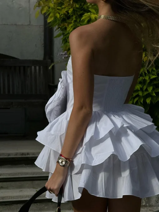 Glamorous Dresses|Day Dresses|White Frill Layered Mini-Dress -