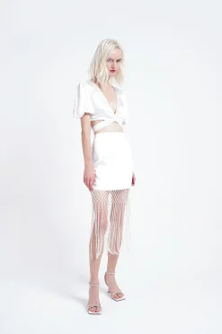 Glamorous Mini Skirts|White Fringe Pencil Mini-Skirt -
