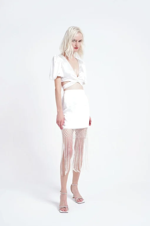 Glamorous Mini Skirts|White Fringe Pencil Mini-Skirt -