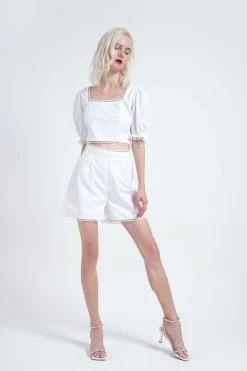 Glamorous Woven Shorts|White- Lace-Trim High-Waisted-Shorts -