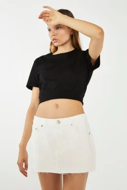 Glamorous Chic Escapes|Denim Skirts|White Low-Waisted Denim Mini-Skirt -