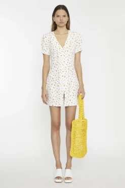 Glamorous Mini Dresses|Mini Dresses|White Orange Ditsy V-Neck Button Down Mini-Dress -
