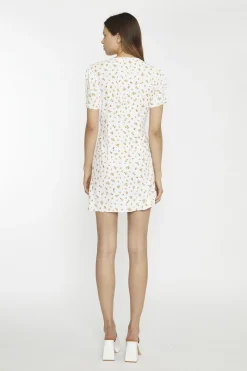 Glamorous Mini Dresses|Mini Dresses|White Orange Ditsy V-Neck Button Down Mini-Dress -