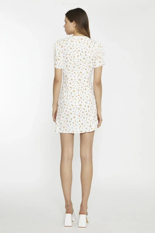 Glamorous Mini Dresses|Mini Dresses|White Orange Ditsy V-Neck Button Down Mini-Dress -