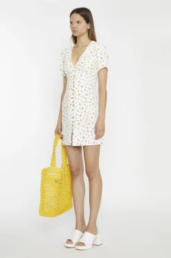 Glamorous Mini Dresses|Mini Dresses|White Orange Ditsy V-Neck Button Down Mini-Dress -