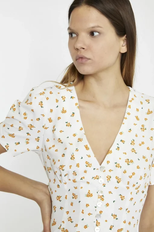 Glamorous Mini Dresses|Mini Dresses|White Orange Ditsy V-Neck Button Down Mini-Dress -