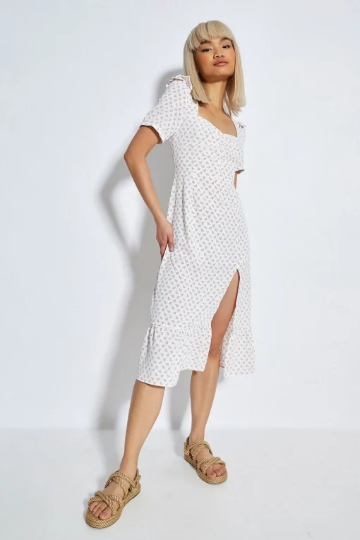 Glamorous Day Dresses|Midi & Midaxi Dresses|White Pink Cluster Side Split Midi Dress -
