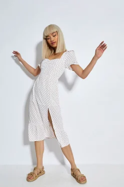 Glamorous Day Dresses|Midi & Midaxi Dresses|White Pink Cluster Side Split Midi Dress -