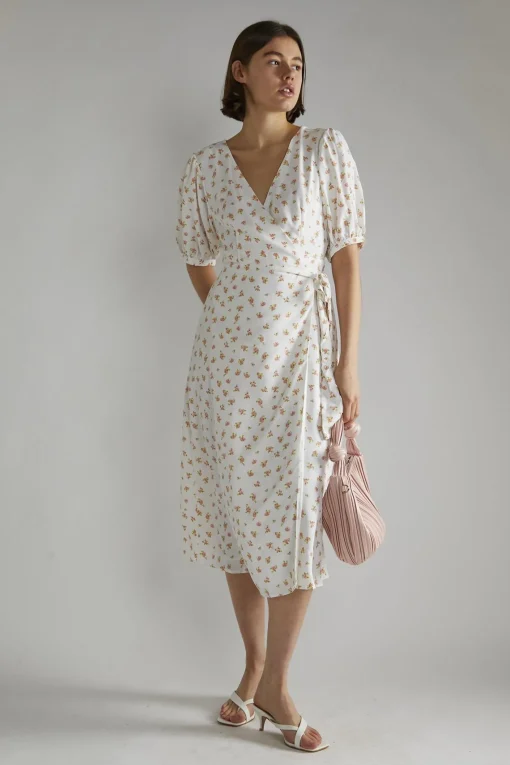 Glamorous Midi & Midaxi Dresses|Midi & Midaxi Dresses|White Pink Ditsy V-neck Wrap Midi-Dress -