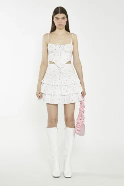 Glamorous Mini Skirts|White Pink Floral Tiered Mini-Skirt -