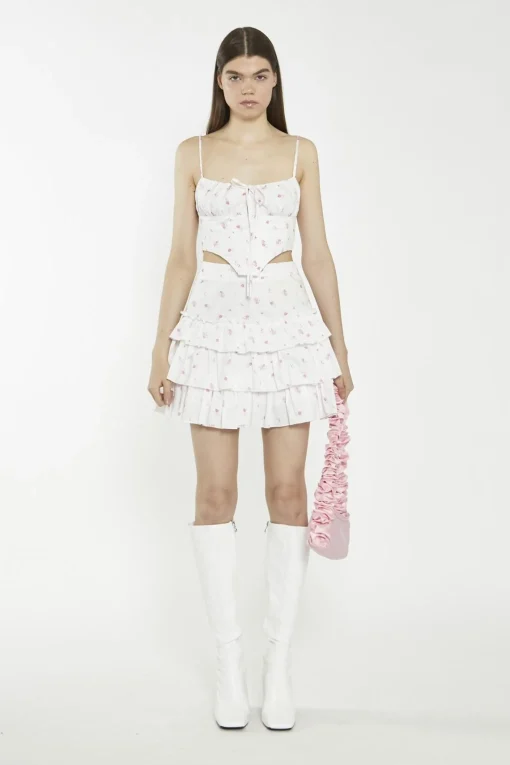 Glamorous Mini Skirts|White Pink Floral Tiered Mini-Skirt -