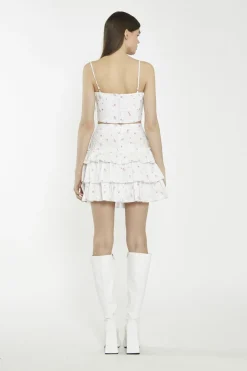 Glamorous Mini Skirts|White Pink Floral Tiered Mini-Skirt -