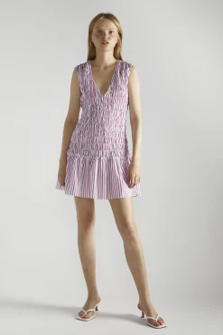 Glamorous Mini Dresses|Mini Dresses|White Purple Stripe Shirred V-Neck Mini-Dress -
