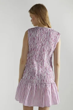 Glamorous Mini Dresses|Mini Dresses|White Purple Stripe Shirred V-Neck Mini-Dress -