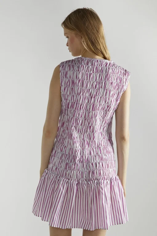 Glamorous Mini Dresses|Mini Dresses|White Purple Stripe Shirred V-Neck Mini-Dress -