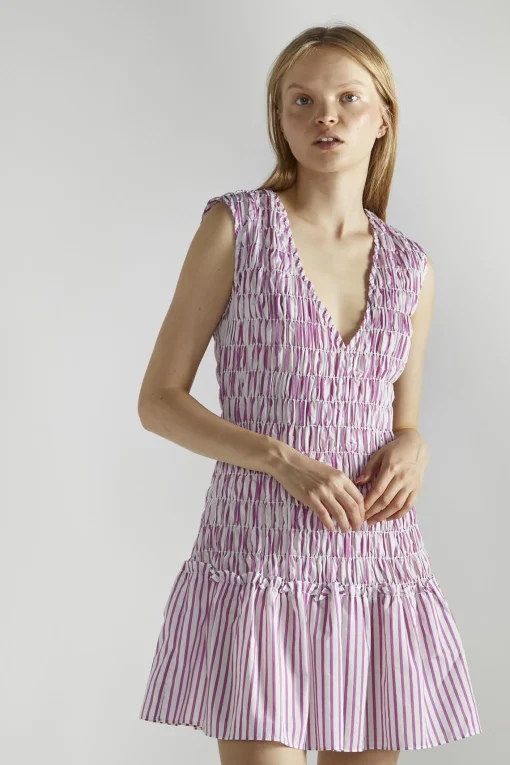 Glamorous Mini Dresses|Mini Dresses|White Purple Stripe Shirred V-Neck Mini-Dress -