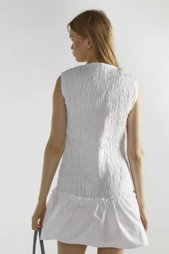 Glamorous Mini Dresses|Mini Dresses|White Shirred V-Neck Mini-Dress -