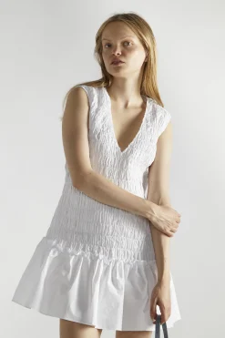Glamorous Mini Dresses|Mini Dresses|White Shirred V-Neck Mini-Dress -