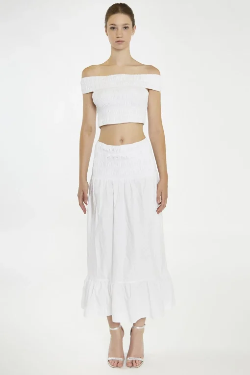 Glamorous Maxi Skirts|White Shirred-Waist Maxi-Skirt -