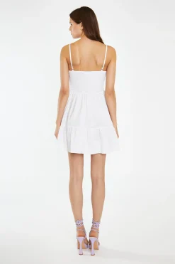 Glamorous Day Dresses|Mini Dresses|White Tiered Smocked-Bodice Mini-Dress -