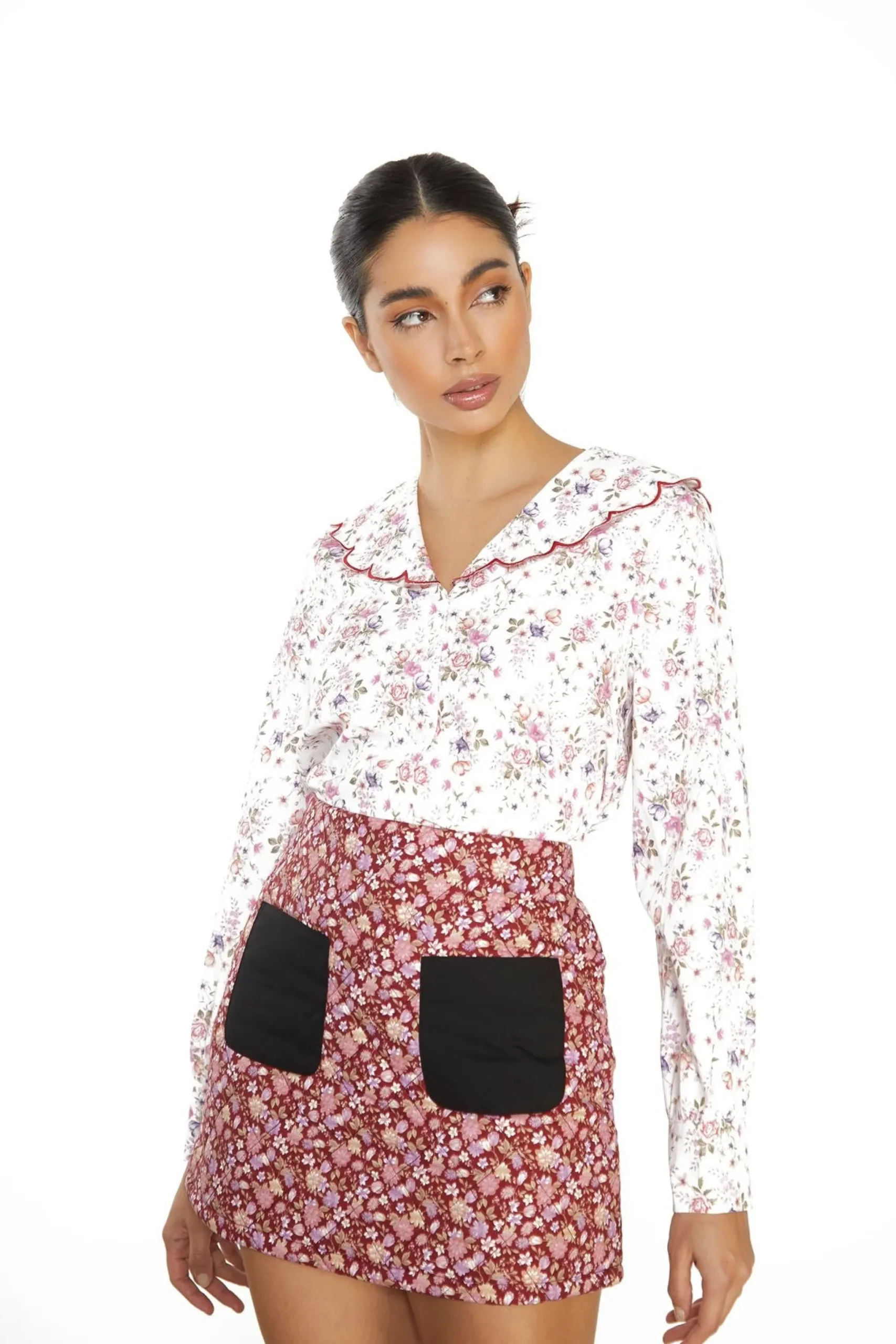 Glamorous Blouses & Shirts|White Vintage-Flower Scalloped Collar Top -