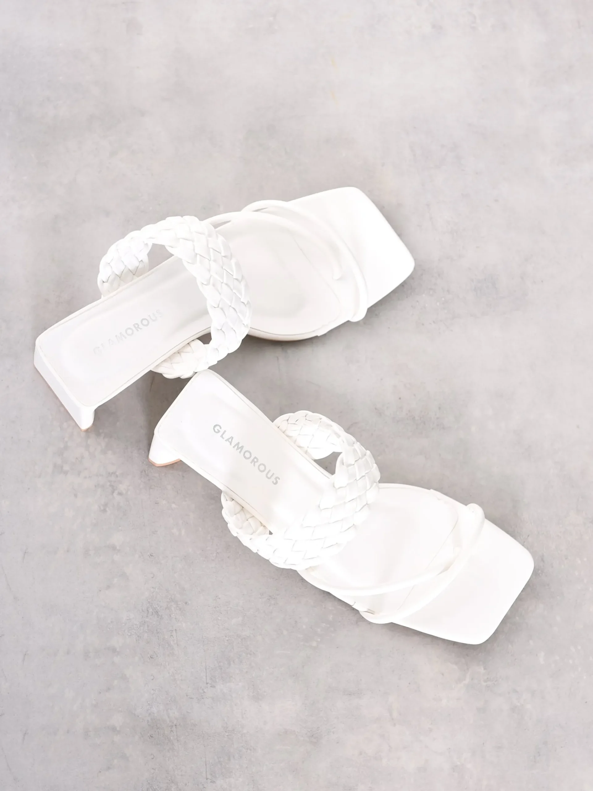 Glamorous Heels|Sandals|White Woven Heeled Mule Sandal -