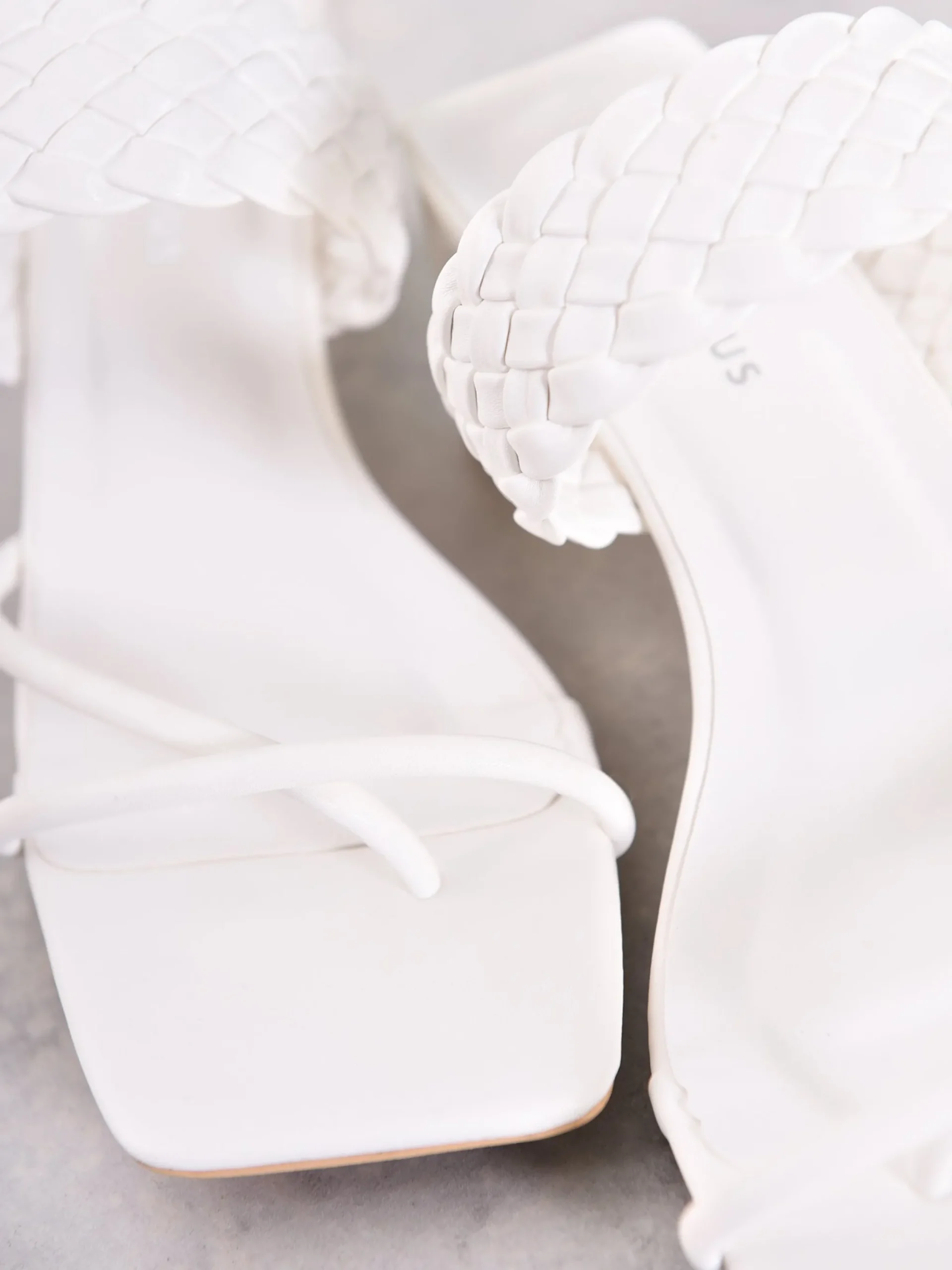 Glamorous Heels|Sandals|White Woven Heeled Mule Sandal -