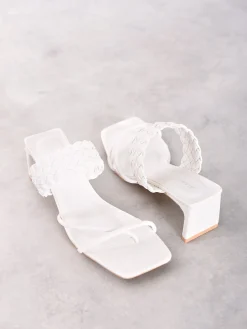 Glamorous Heels|Sandals|White Woven Heeled Mule Sandal -
