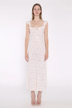 Glamorous Day Dresses|Midi & Midaxi Dresses|White-Base Floral Ruffle Neck Midaxi-Dress -