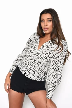 Glamorous Blouses & Shirts|White-Black Ditsy Button-Front Top -