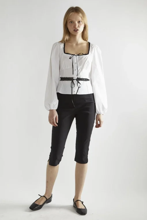Glamorous Blouses & Shirts|White-Black Square-Neck Long-Sleeve Top -