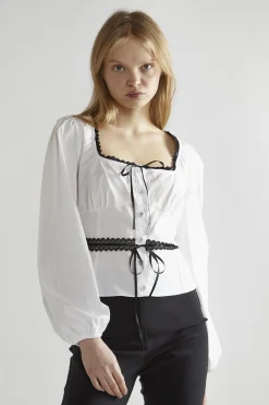 Glamorous Blouses & Shirts|White-Black Square-Neck Long-Sleeve Top -
