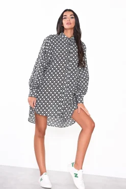 Glamorous Day Dresses|Mini Dresses|White-Black-Daisy Long-Sleeves-Mini-Shirt-Dresses -