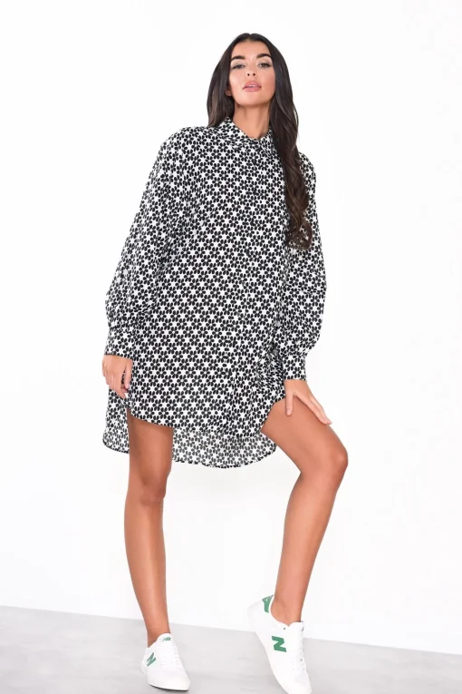 Glamorous Day Dresses|Mini Dresses|White-Black-Daisy Long-Sleeves-Mini-Shirt-Dresses -