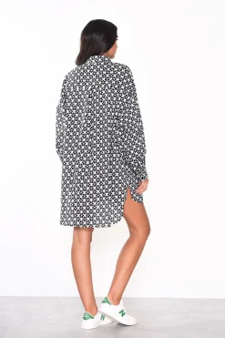 Glamorous Day Dresses|Mini Dresses|White-Black-Daisy Long-Sleeves-Mini-Shirt-Dresses -