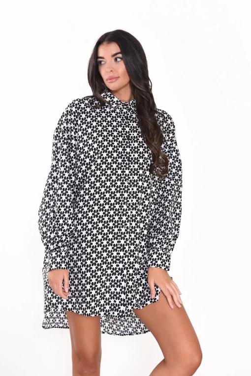 Glamorous Day Dresses|Mini Dresses|White-Black-Daisy Long-Sleeves-Mini-Shirt-Dresses -