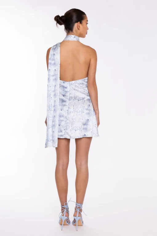 Glamorous Go To Partywear|Day Dresses|White-Blue Animal Sash Neck Mini-Dress -