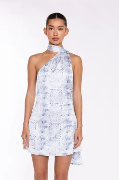 Glamorous Go To Partywear|Day Dresses|White-Blue Animal Sash Neck Mini-Dress -
