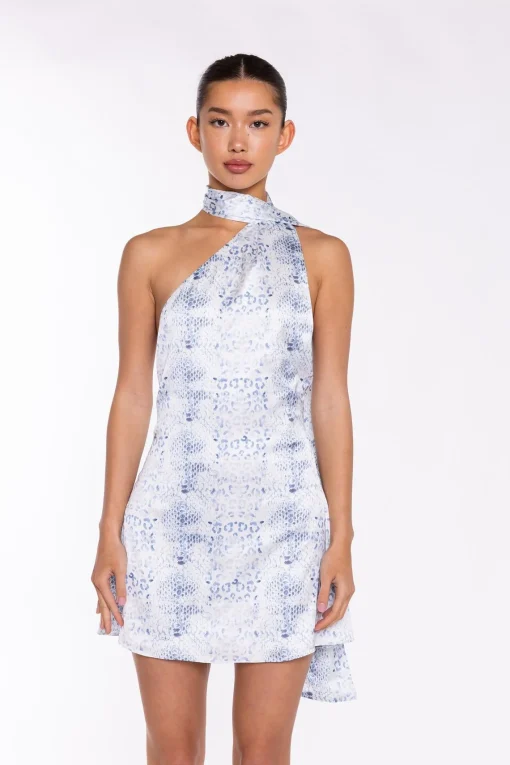 Glamorous Go To Partywear|Day Dresses|White-Blue Animal Sash Neck Mini-Dress -