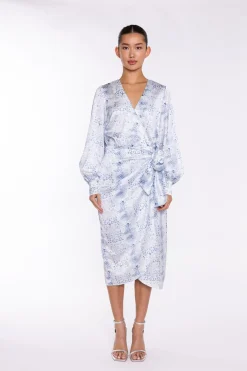 Glamorous Day Dresses|Party Dresses|White-Blue Animal Wrap Midi-Dress -