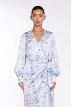 Glamorous Day Dresses|Party Dresses|White-Blue Animal Wrap Midi-Dress -