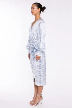 Glamorous Day Dresses|Party Dresses|White-Blue Animal Wrap Midi-Dress -