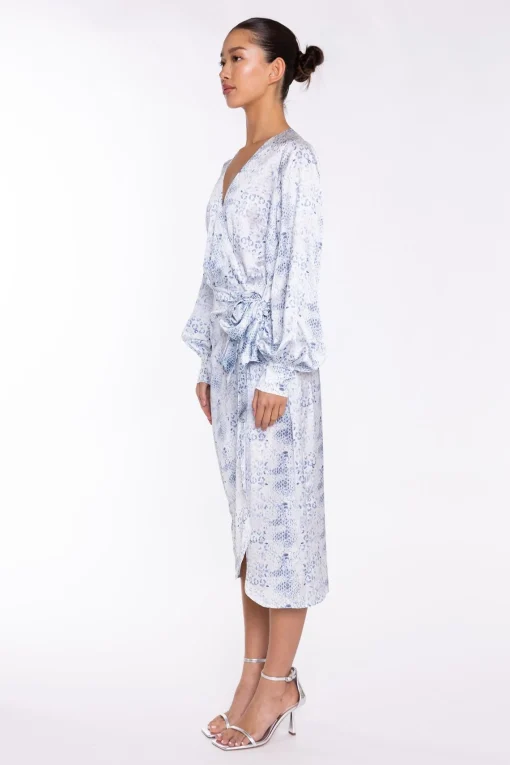Glamorous Day Dresses|Party Dresses|White-Blue Animal Wrap Midi-Dress -