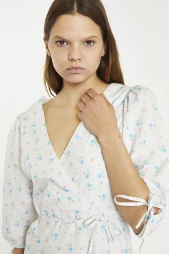 Glamorous Day Dresses|Mini Dresses|White-Blue-Pink Ditsy Wrap Tie Mini-Dress -